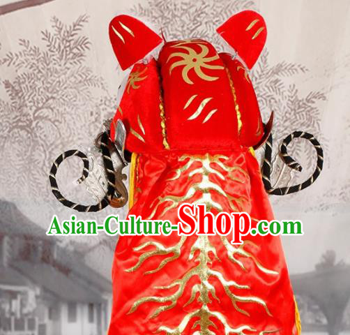 Chinese Traditional Beijing Opera Takefu Headwear Ancient Warrior Red Tiger Head Hat
