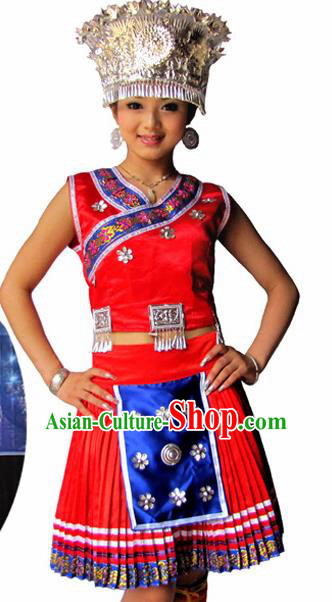 Chinese Traditional Miao Nationality Folk Dance Red Costume Hmong Ethnic Pleated Skirt for Women