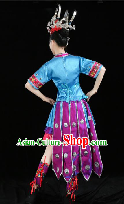 Chinese Traditional Yi Nationality Costume Ethnic Folk Dance Blue Pleated Skirt for Women