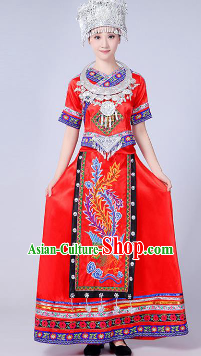 Chinese Traditional Miao Nationality Costume Hmong Female Ethnic Folk Dance Red Long Dress for Women
