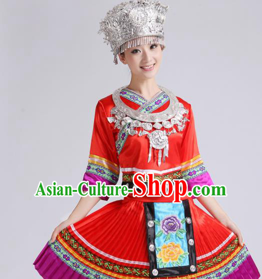 Chinese Traditional Miao Nationality Costume Hmong Female Ethnic Folk Dance Red Pleated Skirt for Women