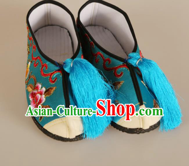 Asian Chinese Beijing Opera Shoes Blue Embroidered Shoes Traditional Peking Opera Diva Shoes