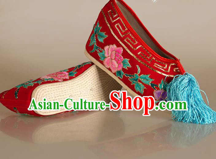 Asian Chinese Beijing Opera Shoes Princess Red Embroidered Shoes Traditional Peking Opera Diva Shoes