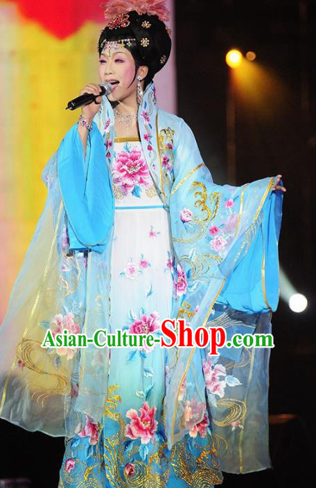 Traditional Chinese Tang Dynasty Imperial Consort Blue Embroidered Dress Ancient Peri Historical Costume