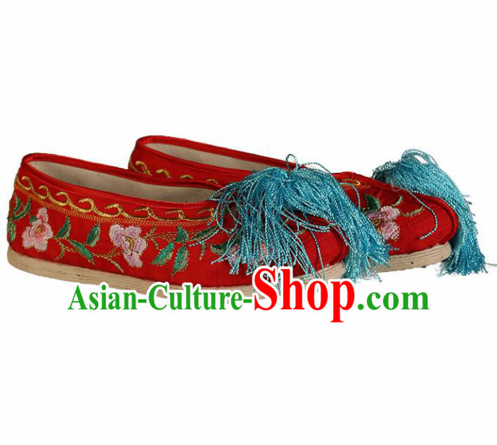 Asian Chinese Beijing Opera Shoes Red Satin Embroidered Shoes Traditional Peking Opera Diva Shoes