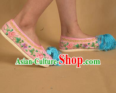 Asian Chinese Beijing Opera Shoes Pink Embroidered Shoes Traditional Peking Opera Diva Shoes