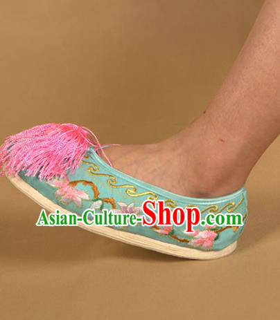Asian Chinese Beijing Opera Shoes Green Embroidered Shoes Traditional Peking Opera Diva Shoes