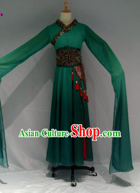 Traditional Chinese Classical Dance Costume Ancient Peri Green Water Sleeve Dress for Women