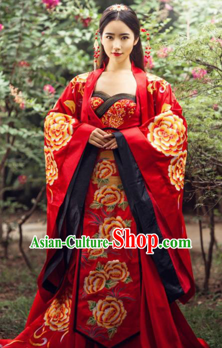Traditional Chinese Wedding Costume Ancient Imperial Concubine Embroidered Red Hanfu Dress for Women