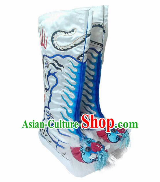 Asian Chinese Beijing Opera Shoes Embroidered Tiger Boots Traditional Peking Opera Takefu White Boots