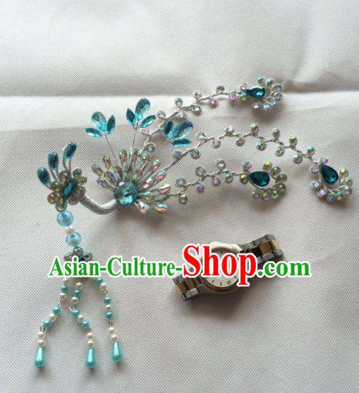 Asian Chinese Beijing Opera Hair Accessories Blue Crystal Phoenix Hair Clip Ancient Princess Hairpins for Women