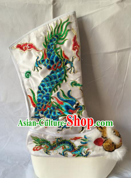 Asian Chinese Beijing Opera Takefu Embroidered Green Dragon Boots Ancient Emperor Shoes for Men