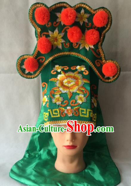 Asian Chinese Traditional Beijing Opera Takefu Headwear Ancient Warrior Green Hat for Men