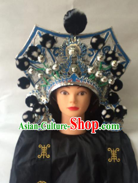 Asian Chinese Traditional Beijing Opera Royal Highness Headwear Ancient General Black Helmet Hat for Men