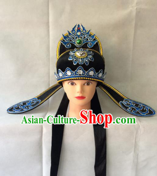 Asian Chinese Traditional Beijing Opera Niche Headwear Ancient Nobility Childe Black Hat for Men