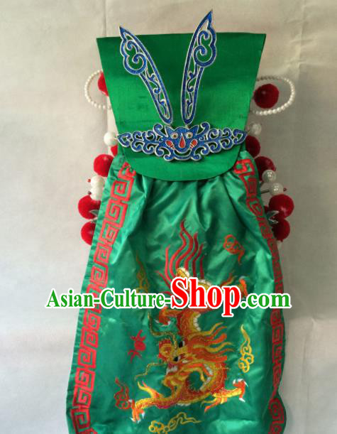 Asian Chinese Traditional Beijing Opera Helmet Headwear Ancient General Green Hat for Men