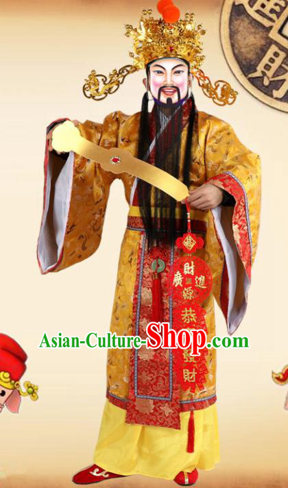 Traditional Chinese Beijing Opera God of Wealth Costume Peking Opera Golden Clothing and Hat