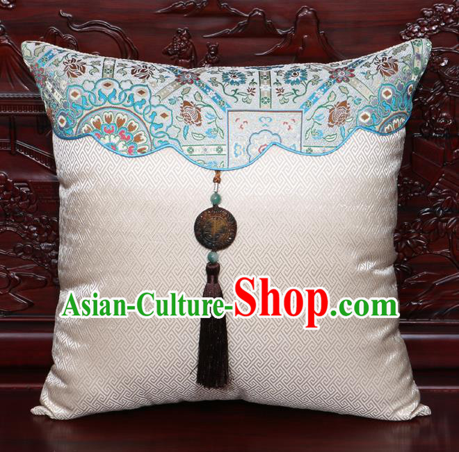 Chinese Classical Pattern Jade Pendant White Brocade Square Cushion Cover Traditional Household Ornament
