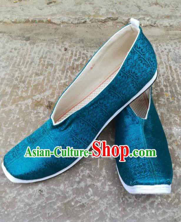 Asian Chinese Traditional Hanfu Shoes Ancient Song Dynasty Lake Blue Brocade Shoes for Men