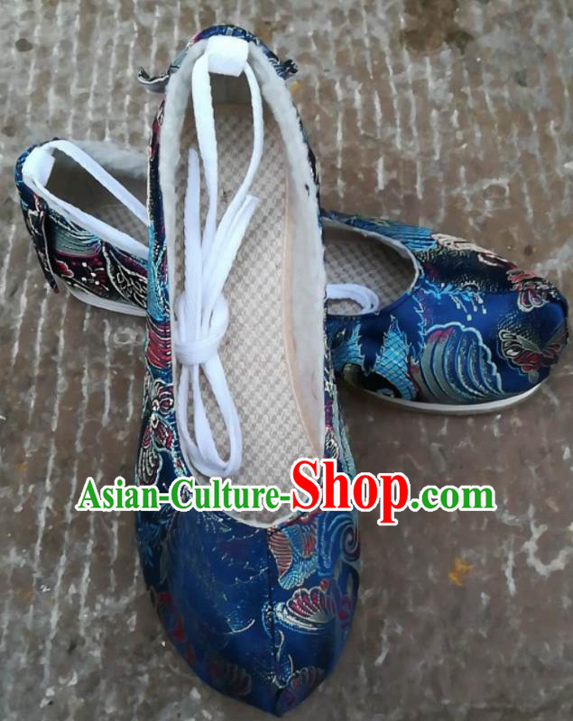 Asian Chinese Traditional Shoes Ancient Song Dynasty Blue Brocade Shoes Hanfu Shoes for Women