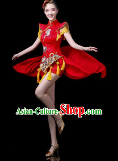 Traditional Chinese Folk Dance Costume Drum Dance Red Clothing for Women