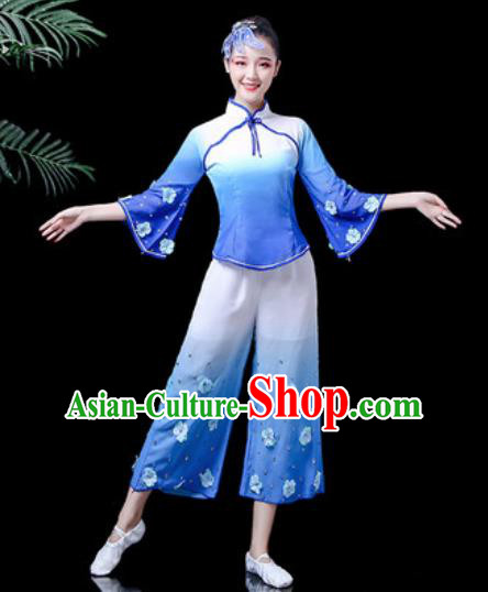 Traditional Chinese Yangko Dance Stage Performance Costume Folk Dance Blue Clothing for Women
