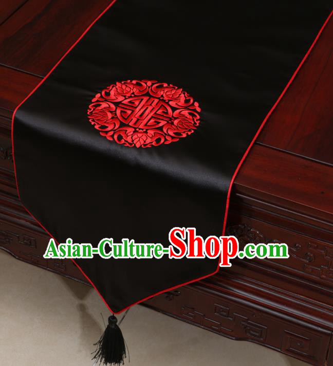 Chinese Classical Embroidered Pattern Black Brocade Table Flag Traditional Satin Household Ornament Table Cover