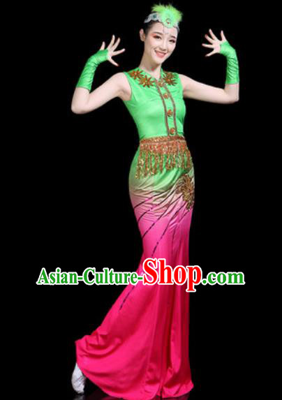 Chinese Traditional Ethnic Pavane Dance Costume Dai Nationality Peacock Dance Rosy Dress for Women