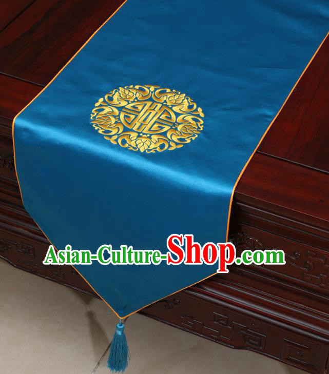 Chinese Classical Embroidered Blue Brocade Table Flag Traditional Satin Household Ornament Table Cover