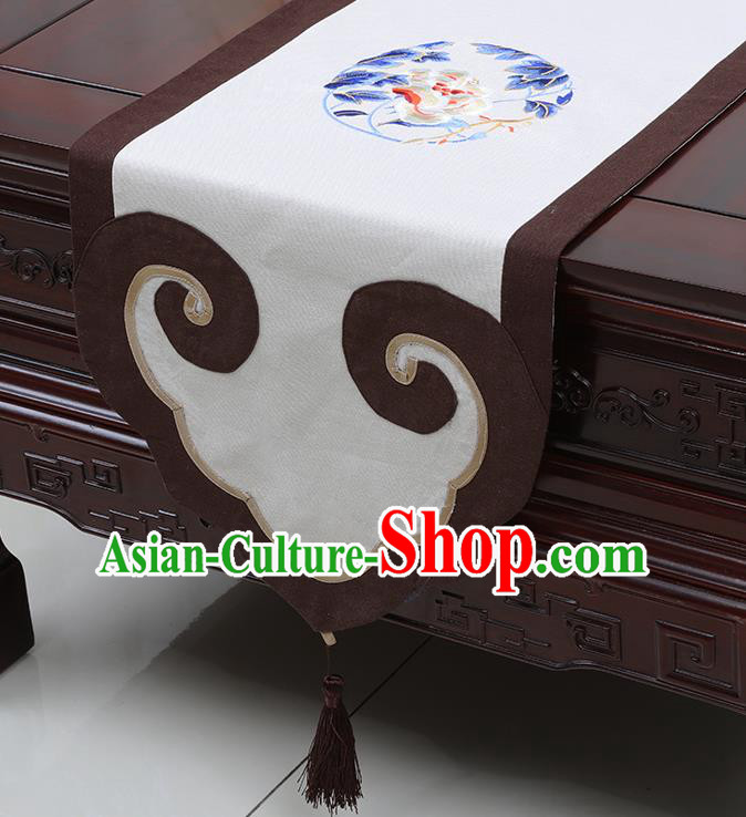 Chinese Classical Peony Pattern White Satin Table Flag Traditional Brocade Household Ornament Table Cover