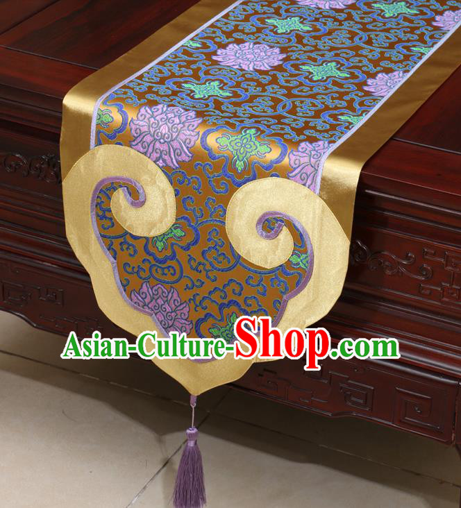 Chinese Classical Lotus Pattern Bronze Satin Table Flag Traditional Brocade Household Ornament Table Cover