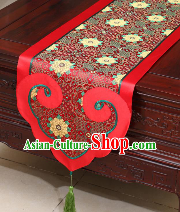 Chinese Classical Lotus Pattern Red Satin Table Flag Traditional Brocade Household Ornament Table Cover