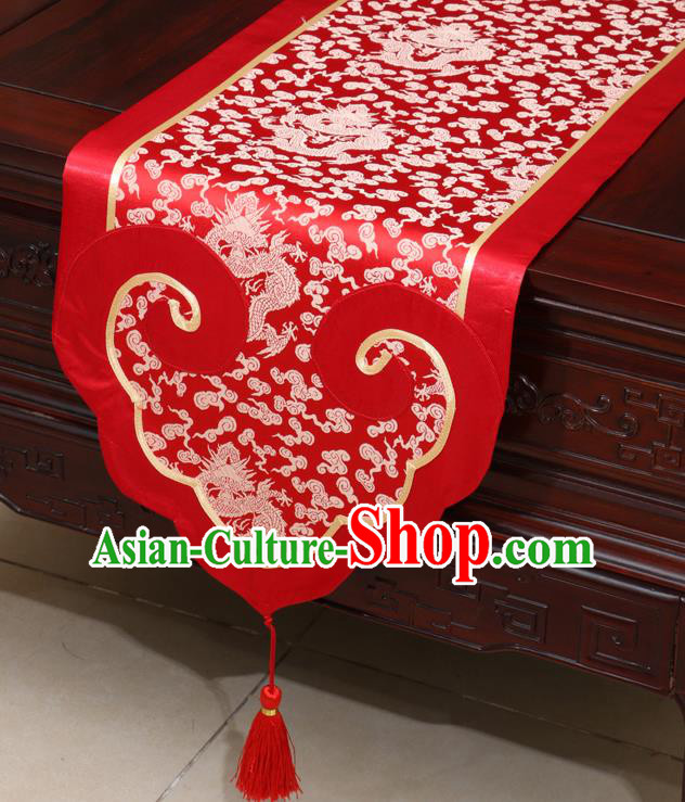 Chinese Classical Dragon Pattern Red Satin Table Flag Traditional Brocade Household Ornament Table Cover