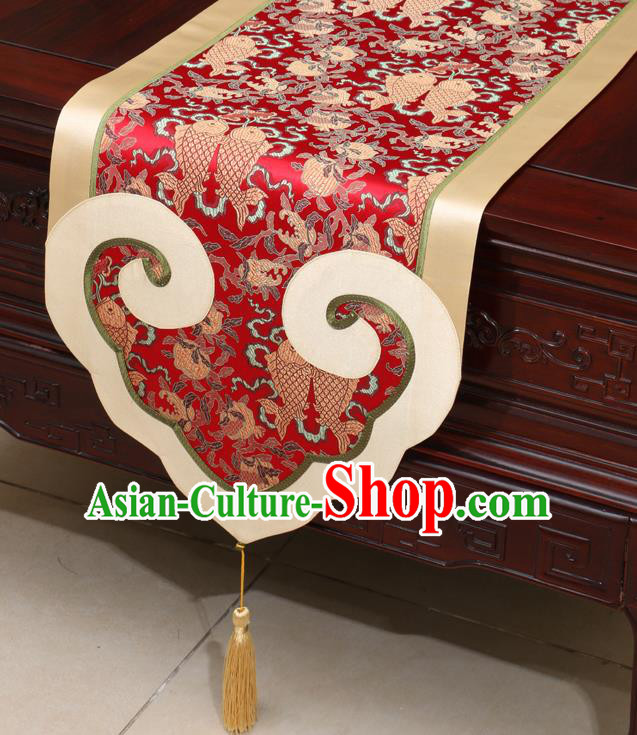 Chinese Classical Double Fishes Pattern Red Satin Table Flag Traditional Brocade Household Ornament Table Cover