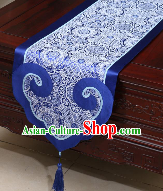 Chinese Classical Pattern Royalblue Satin Table Flag Traditional Brocade Household Ornament Table Cover