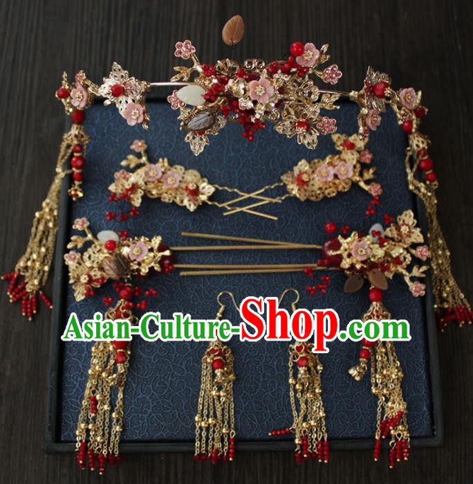 Chinese Ancient Palace Bride Hair Accessories Traditional Classical Wedding Pink Shell Hair Comb Hairpins for Women