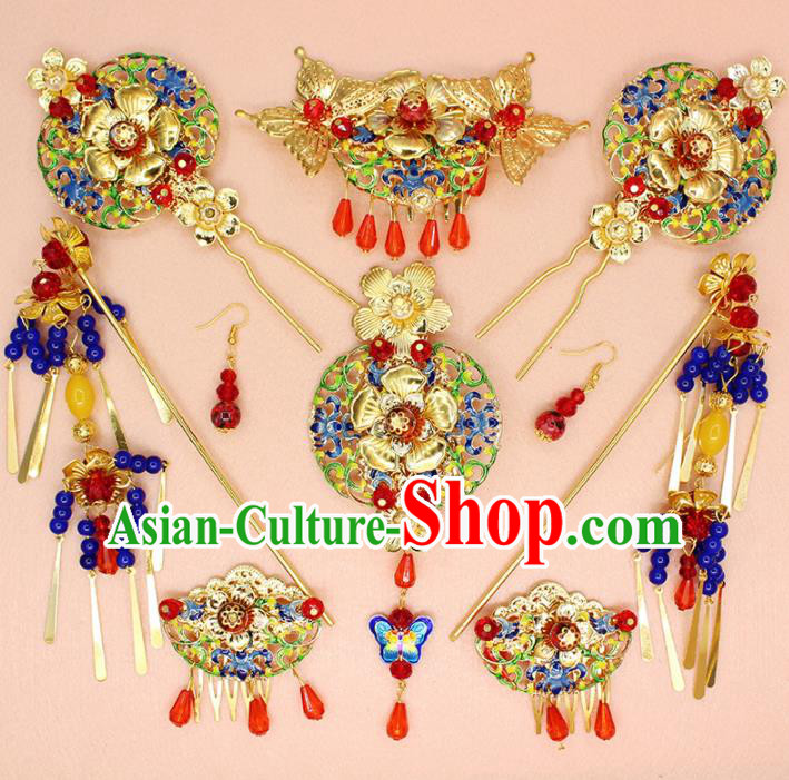 Chinese Ancient Bride Wedding Blueing Hair Accessories Traditional Hair Clip Tassel Hairpins for Women
