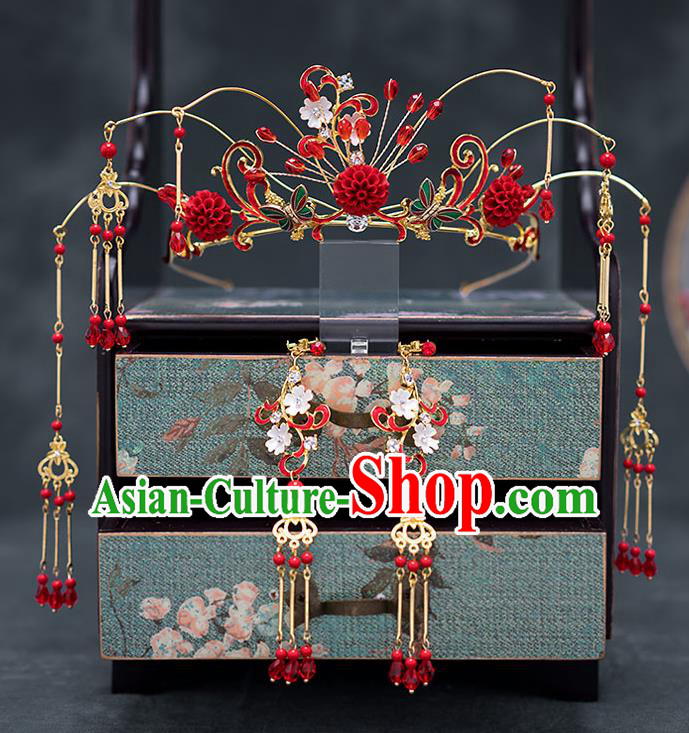 Chinese Ancient Wedding Hair Accessories Traditional Bride Hanfu Tassel Hairpins Red Roses Phoenix Coronet for Women