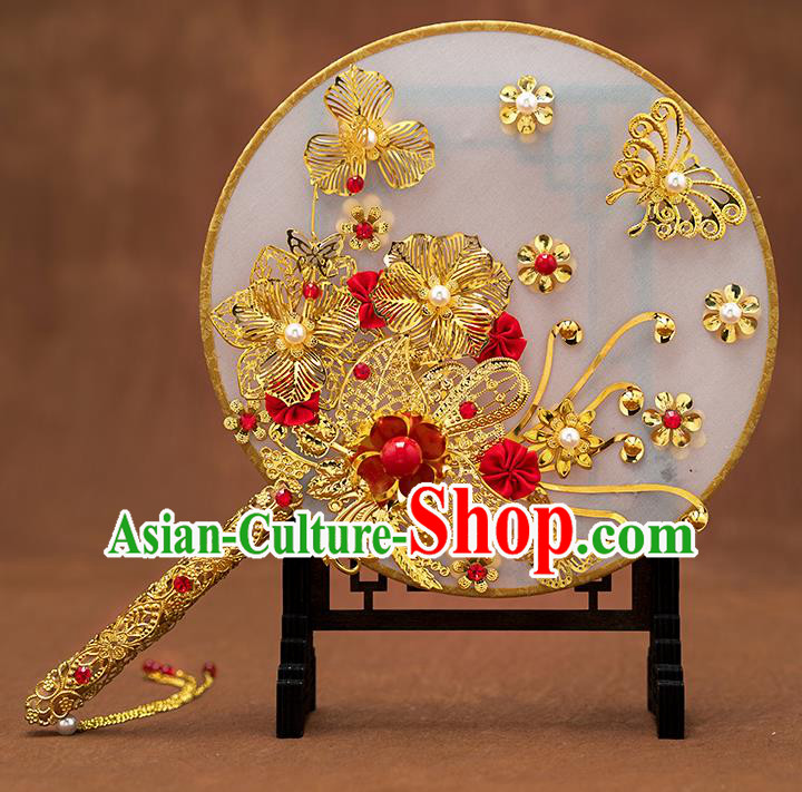 Chinese Ancient Bride Accessories Traditional Wedding Classical Golden Palace Fans for Women