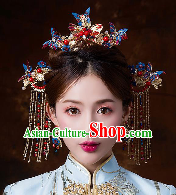 Chinese Ancient Queen Blue Butterfly Phoenix Coronet Hair Accessories Traditional Hanfu Tassel Hairpins for Women