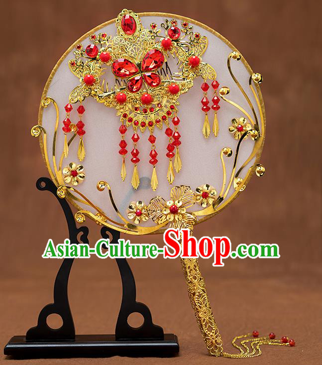 Chinese Ancient Bride Red Crystal Butterfly Round Fans Traditional Wedding Classical Palace Fans for Women