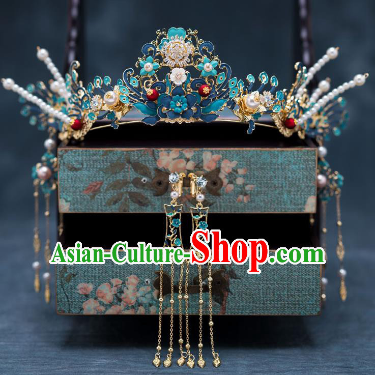 Chinese Ancient Bride Hair Accessories Wedding Blueing Phoenix Coronet Traditional Hanfu Hairpins for Women