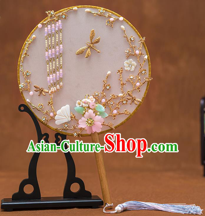 Chinese Ancient Bride Tassel Round Fans Traditional Wedding Classical Palace Fans for Women