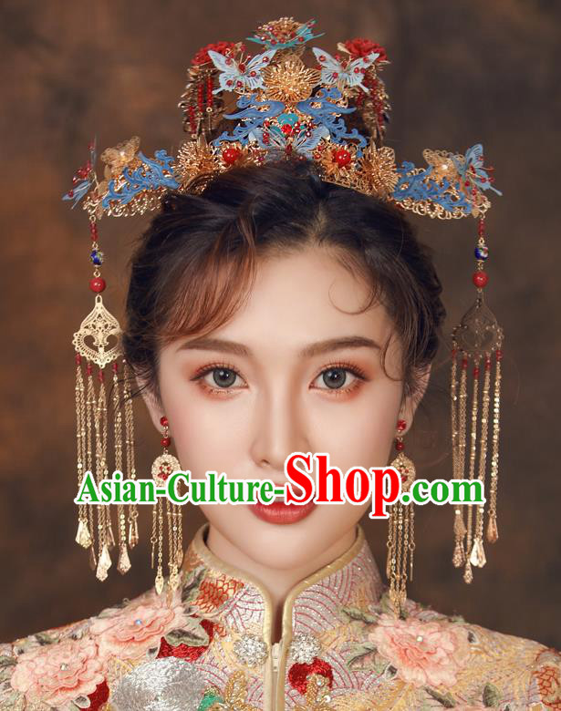 Chinese Ancient Palace Hair Accessories Hairpins Traditional Bride Blue Butterfly Phoenix Coronet for Women