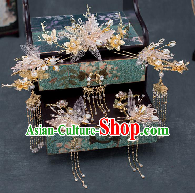 Chinese Ancient Bride Hair Accessories Traditional Wedding Hanfu Pink Silk Hairpins Complete Set for Women