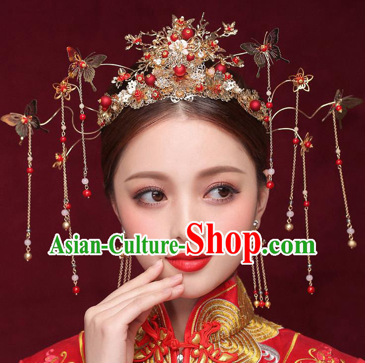 Chinese Ancient Bride Golden Phoenix Coronet Traditional Wedding Hair Accessories Hanfu Hairpins for Women