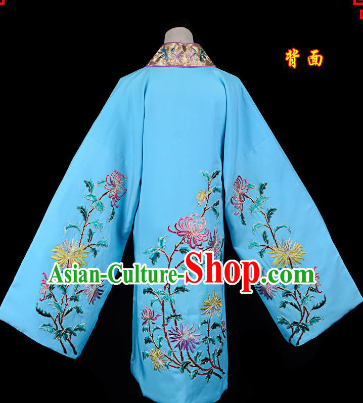 Professional Chinese Traditional Beijing Opera Princess Costume Embroidered Chrysanthemum Blue Dress for Adults