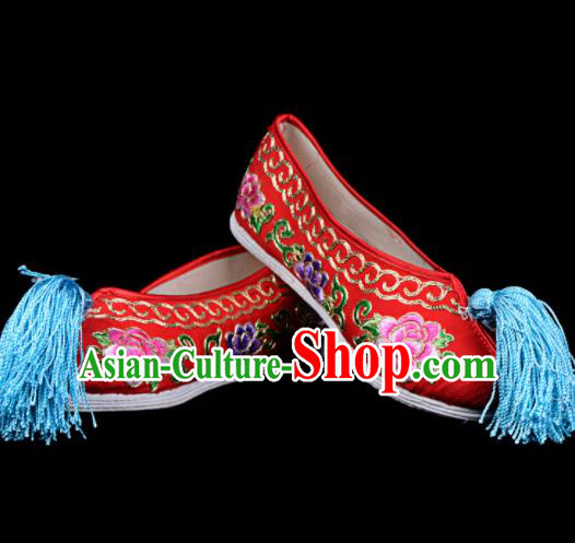 Professional Chinese Beijing Opera Diva Shoes Ancient Traditional Red Embroidered Shoes for Women