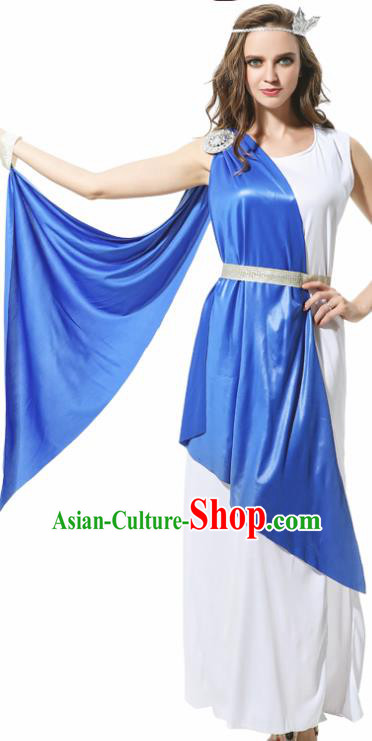 Traditional Greece Costume Ancient Greek Goddess Garment Garden of Eden Athena Blue Dress for Women