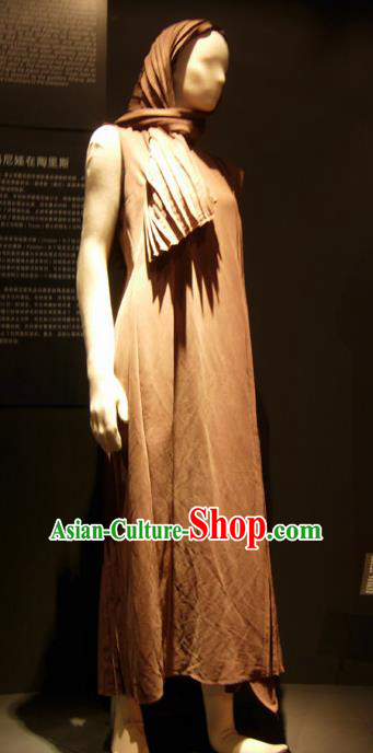Traditional Greek Stage Performance Costume Ancient Greek Peplos Brown Dress for Women